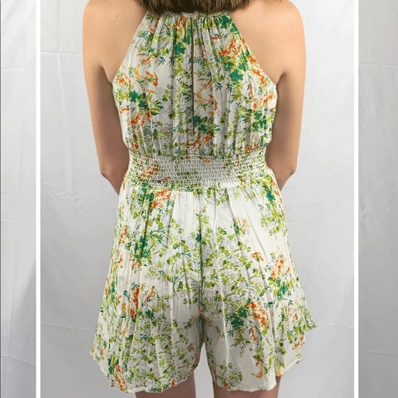! SALE ! At Cost Ivory and Green Floral Halter Neck Romper - Picture 2 of 2